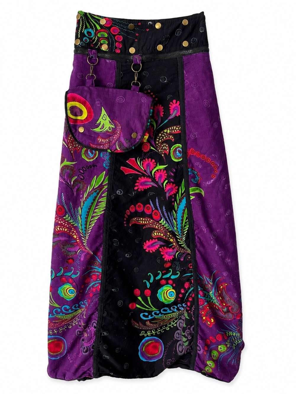 Reversible Boho Patchwork Wrap Maxi Skirt Festival Skirt w/ Detachable Pouch O/S